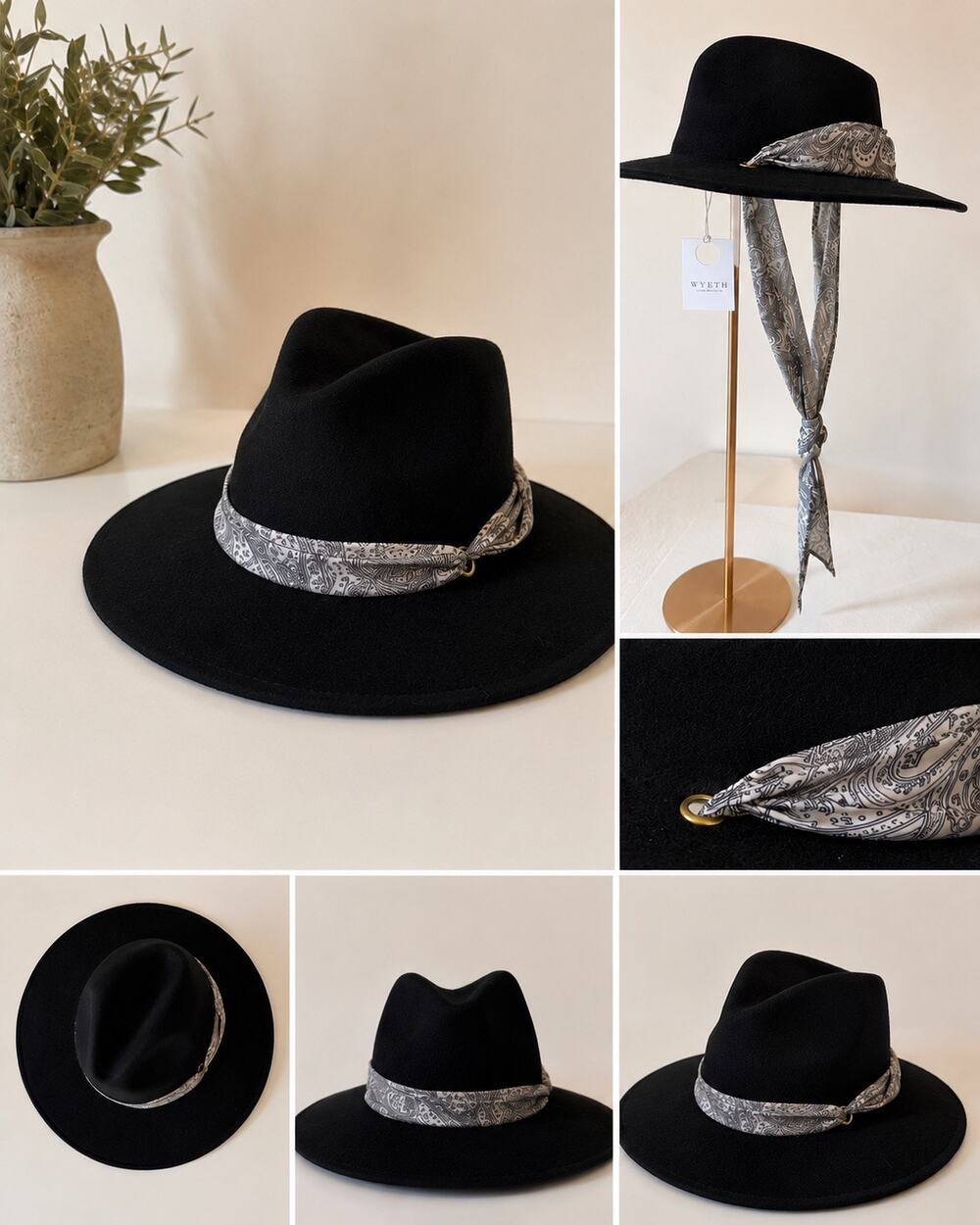 Wyeth Black Wool Fedora with Black Paisley Interchangeable Scarf NWT